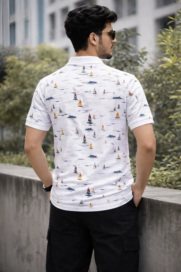 Premium White Sailboat Print Polo T-Shirt for Men | Soft Cotton Blend Casual Summer Polo