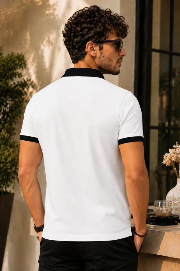 Premium White Café Sketch Print Polo T-Shirt for Men | Casual Graphic Half Sleeve Polo