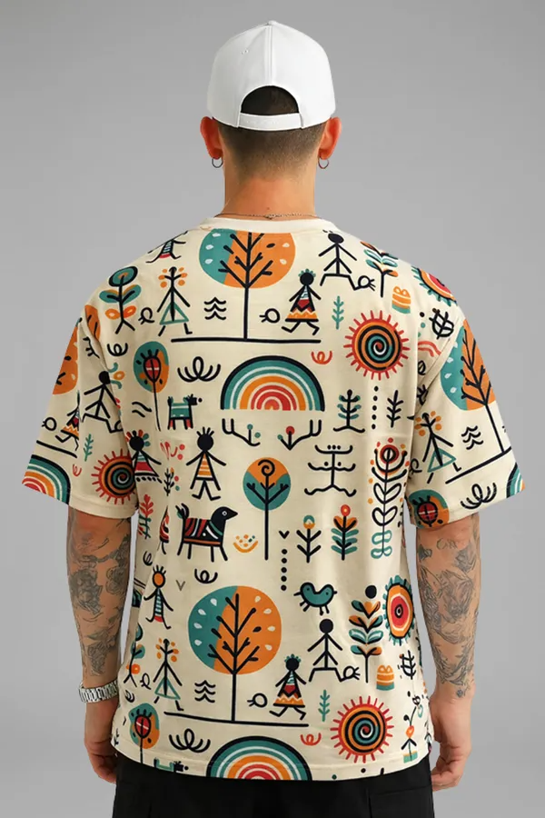 Premium Tribal Art Graphic Oversized T-Shirt for Men | Cotton Blend Casual Round Neck Tee