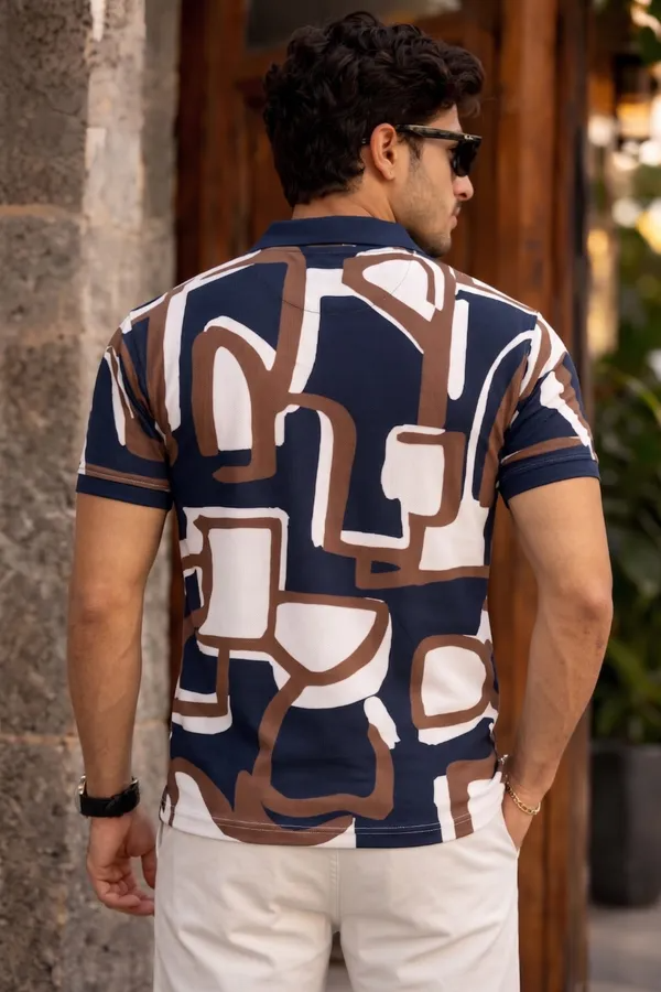 Premium Abstract Geometric Print Polo T-Shirt for Men | Cotton Blend Casual Half Sleeve Polo