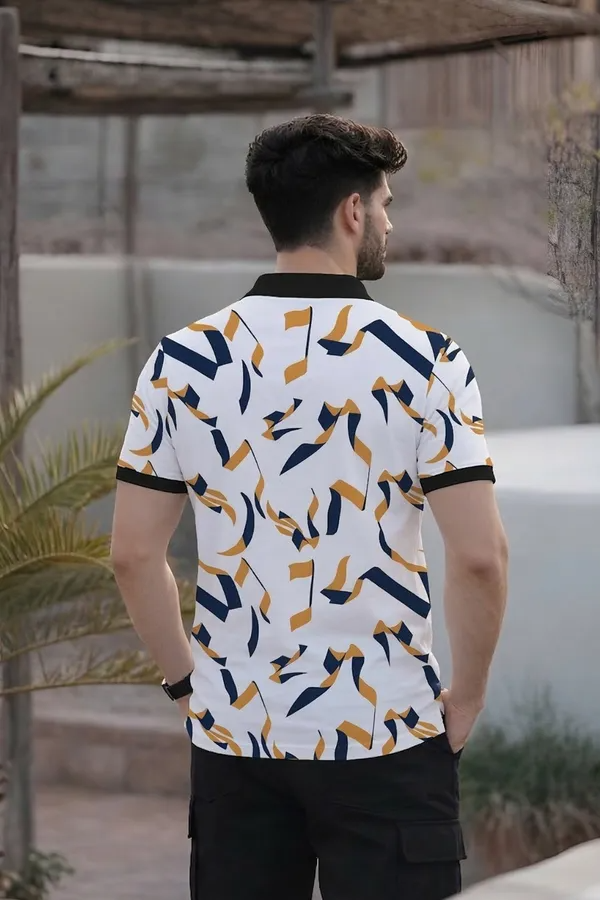 Premium Abstract Geometric Print Polo T-Shirt for Men | Casual Cotton Blend Half Sleeve Polo