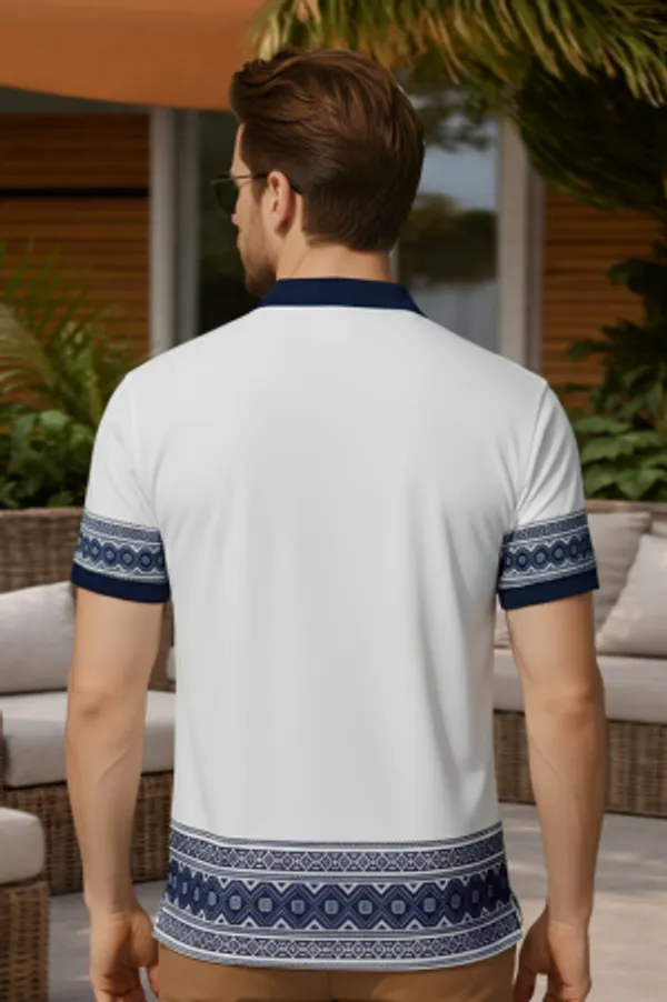 Premium White Jacquard Border Polo T-Shirt for Men | Cotton Blend Casual Half Sleeve Polo