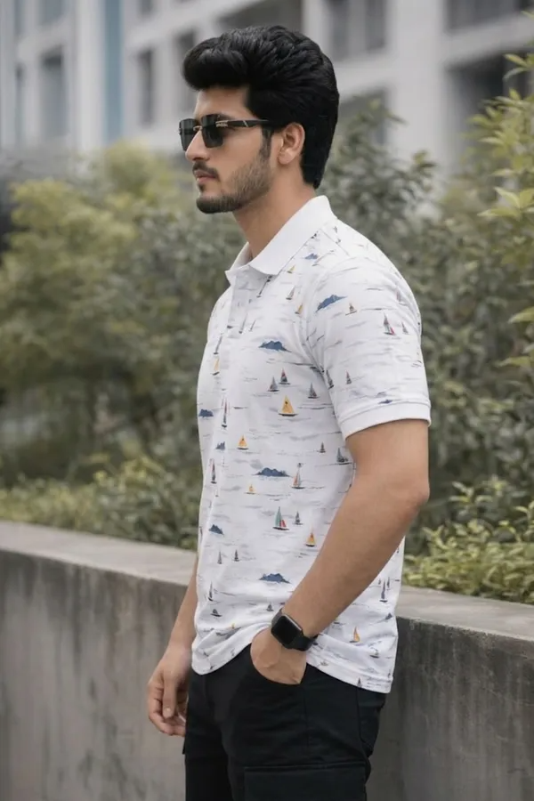 Premium White Sailboat Print Polo T-Shirt for Men | Soft Cotton Blend Casual Summer Polo
