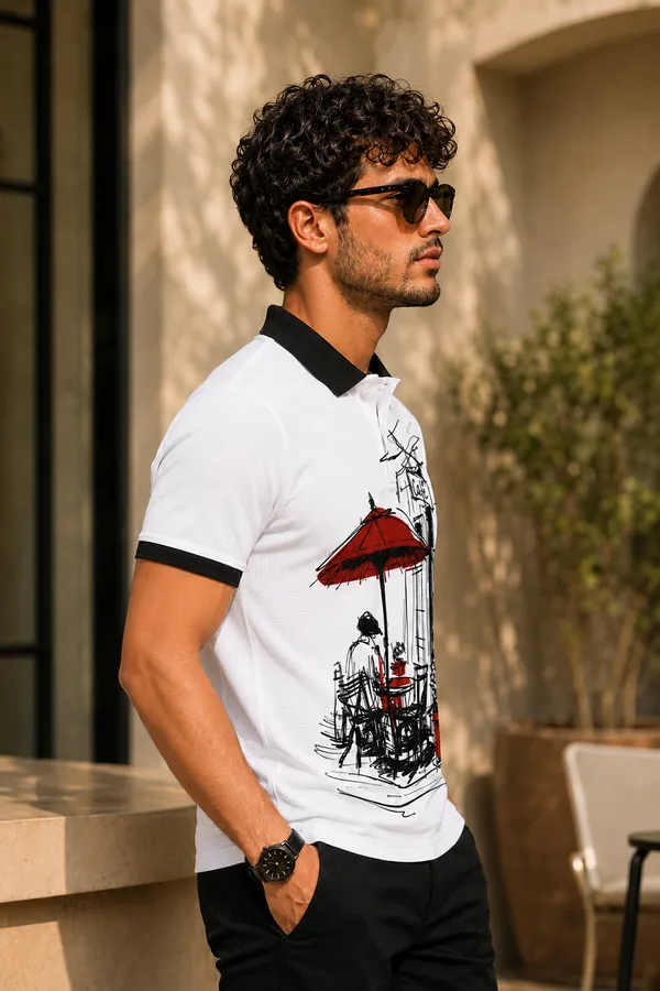 Premium White Café Sketch Print Polo T-Shirt for Men | Casual Graphic Half Sleeve Polo