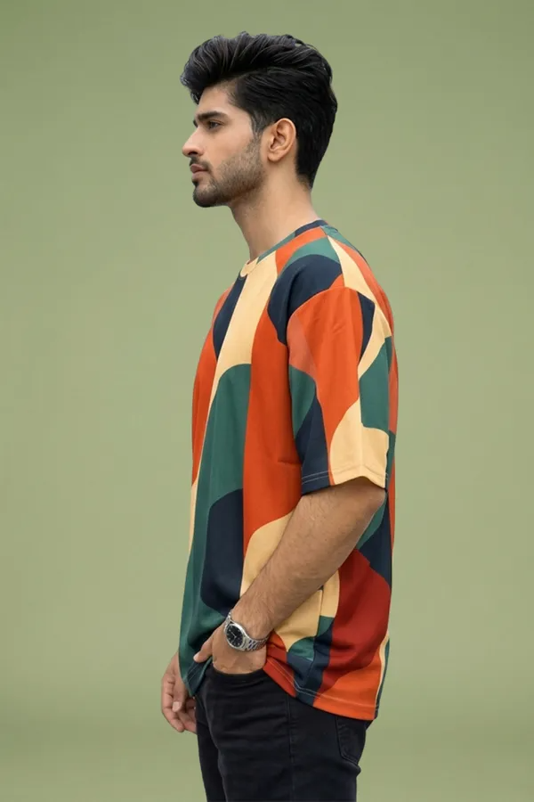 Premium Abstract Color Block Oversized T-Shirt for Men | Cotton Blend Casual Round Neck Tee