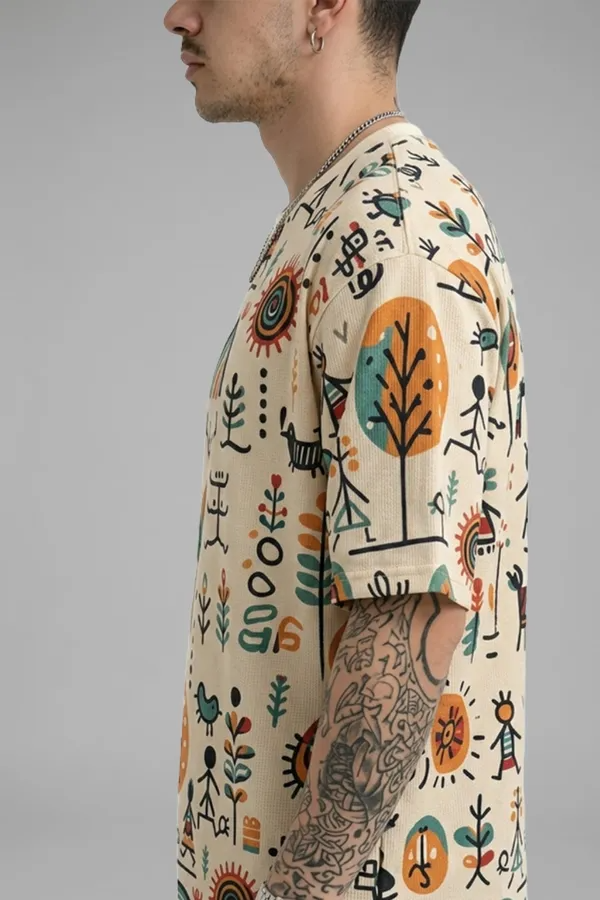 Premium Tribal Art Graphic Oversized T-Shirt for Men | Cotton Blend Casual Round Neck Tee