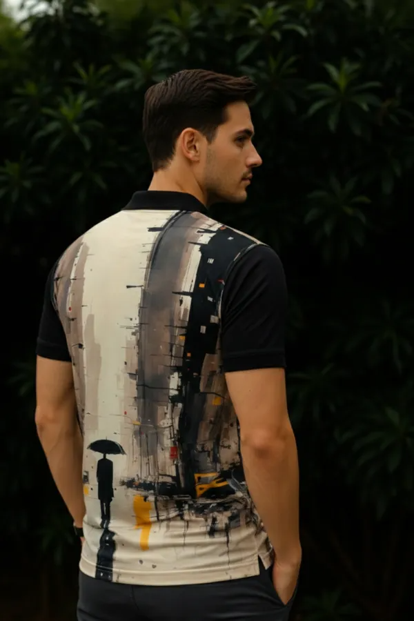 Premium Abstract Cityscape Print Polo T-Shirt for Men | Modern Casual Half Sleeve Polo