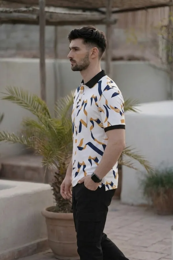 Premium Abstract Geometric Print Polo T-Shirt for Men | Casual Cotton Blend Half Sleeve Polo