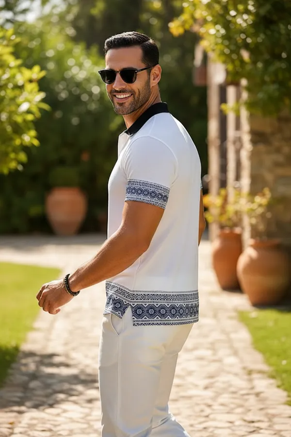 Premium White Jacquard Border Polo T-Shirt for Men | Cotton Blend Casual Half Sleeve Polo