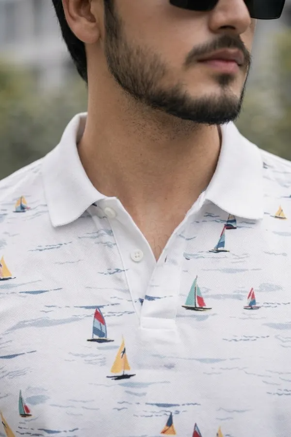 Premium White Sailboat Print Polo T-Shirt for Men | Soft Cotton Blend Casual Summer Polo
