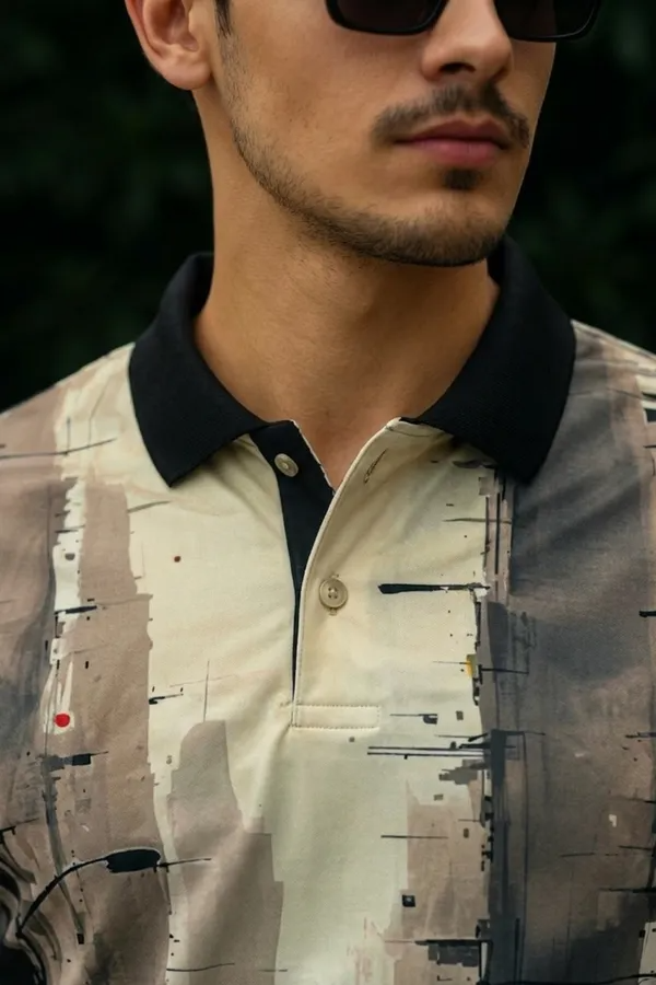 Premium Abstract Cityscape Print Polo T-Shirt for Men | Modern Casual Half Sleeve Polo