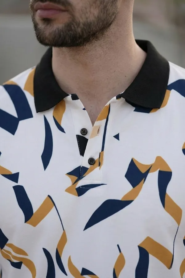Premium Abstract Geometric Print Polo T-Shirt for Men | Casual Cotton Blend Half Sleeve Polo