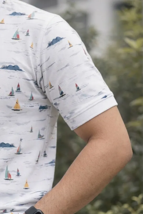 Premium White Sailboat Print Polo T-Shirt for Men | Soft Cotton Blend Casual Summer Polo
