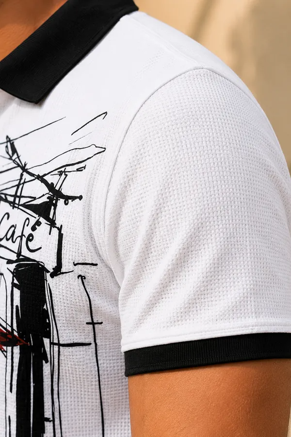 Premium White Café Sketch Print Polo T-Shirt for Men | Casual Graphic Half Sleeve Polo
