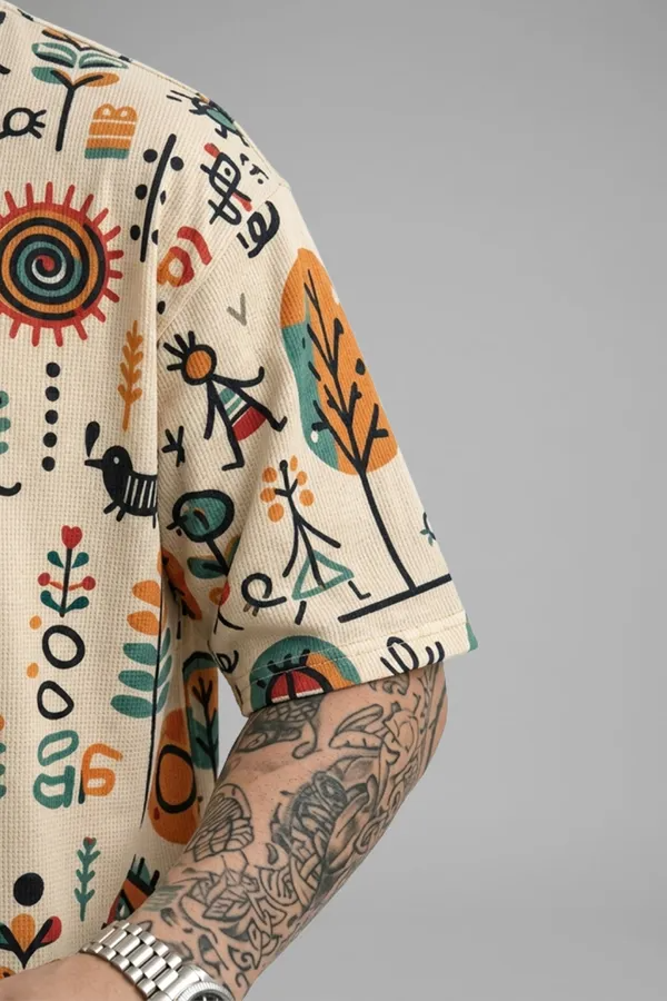 Premium Tribal Art Graphic Oversized T-Shirt for Men | Cotton Blend Casual Round Neck Tee