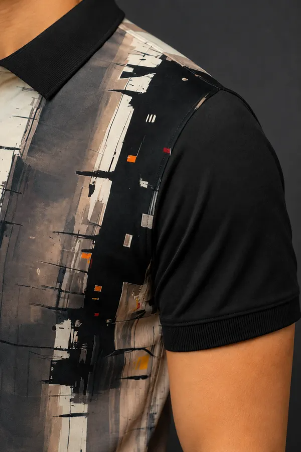 Premium Abstract Cityscape Print Polo T-Shirt for Men | Modern Casual Half Sleeve Polo