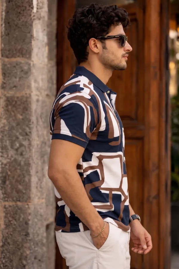 Premium Abstract Geometric Print Polo T-Shirt for Men | Cotton Blend Casual Half Sleeve Polo