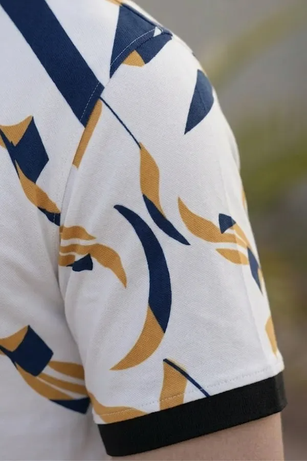 Premium Abstract Geometric Print Polo T-Shirt for Men | Casual Cotton Blend Half Sleeve Polo