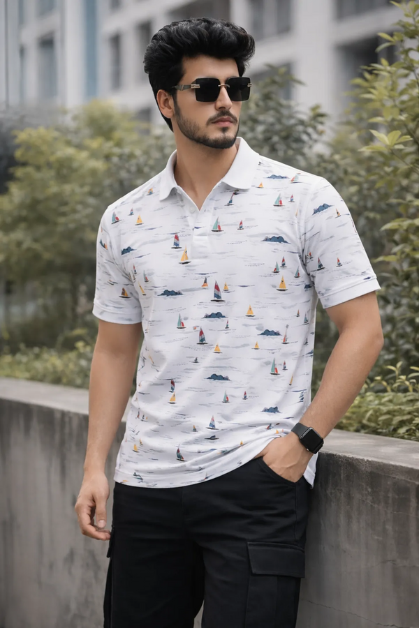 Premium White Sailboat Print Polo T-Shirt for Men | Soft Cotton Blend Casual Summer Polo