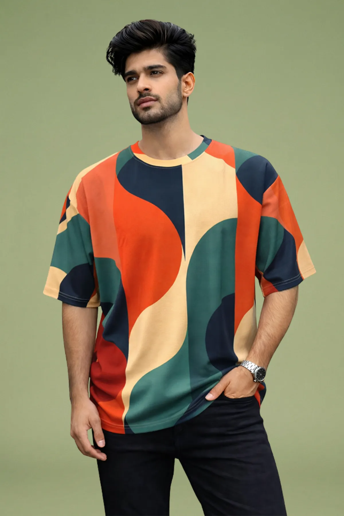Premium Abstract Color Block Oversized T-Shirt for Men | Cotton Blend Casual Round Neck Tee