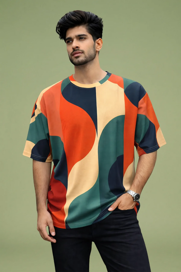 Premium Abstract Color Block Oversized T-Shirt for Men | Cotton Blend Casual Round Neck Tee