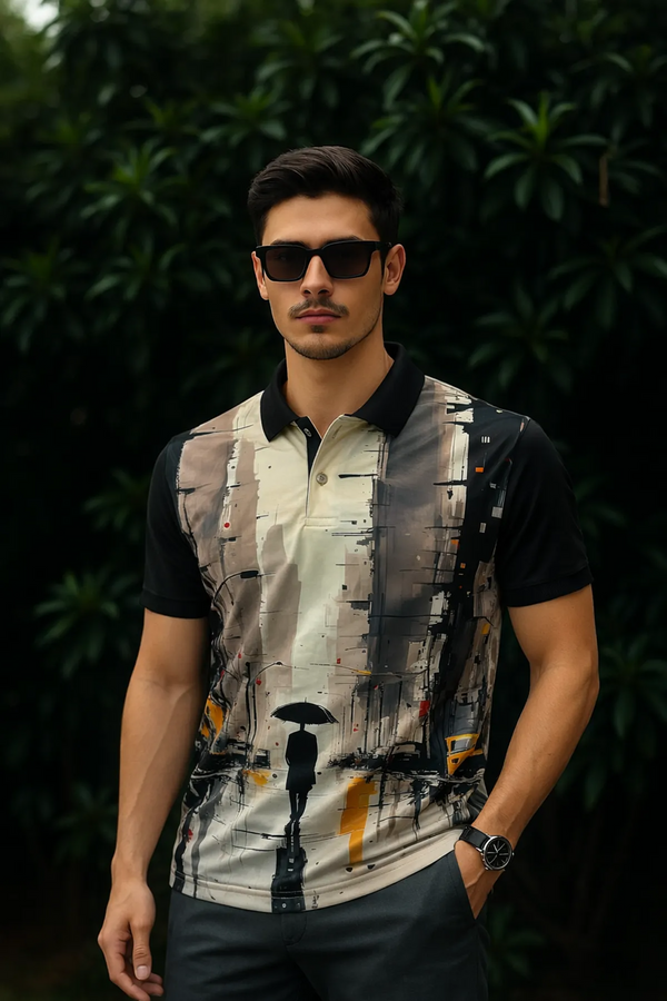 Premium Abstract Cityscape Print Polo T-Shirt for Men | Modern Casual Half Sleeve Polo