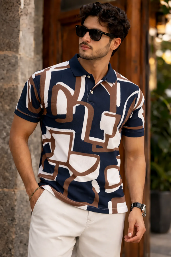 Premium Abstract Geometric Print Polo T-Shirt for Men | Cotton Blend Casual Half Sleeve Polo