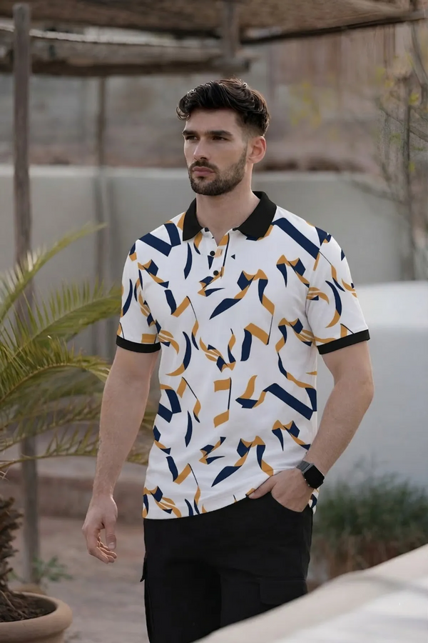 Premium Abstract Geometric Print Polo T-Shirt for Men | Casual Cotton Blend Half Sleeve Polo