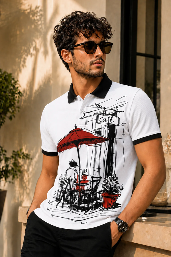 Premium White Café Sketch Print Polo T-Shirt for Men | Casual Graphic Half Sleeve Polo