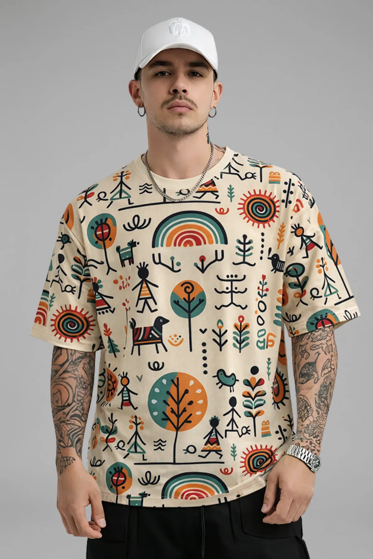 Premium Tribal Art Graphic Oversized T-Shirt for Men | Cotton Blend Casual Round Neck Tee
