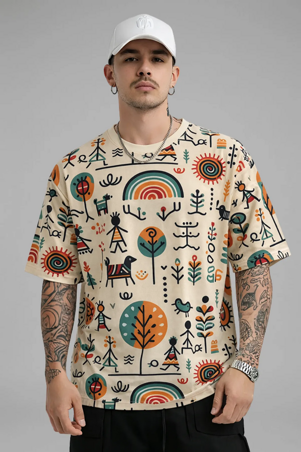 Premium Tribal Art Graphic Oversized T-Shirt for Men | Cotton Blend Casual Round Neck Tee